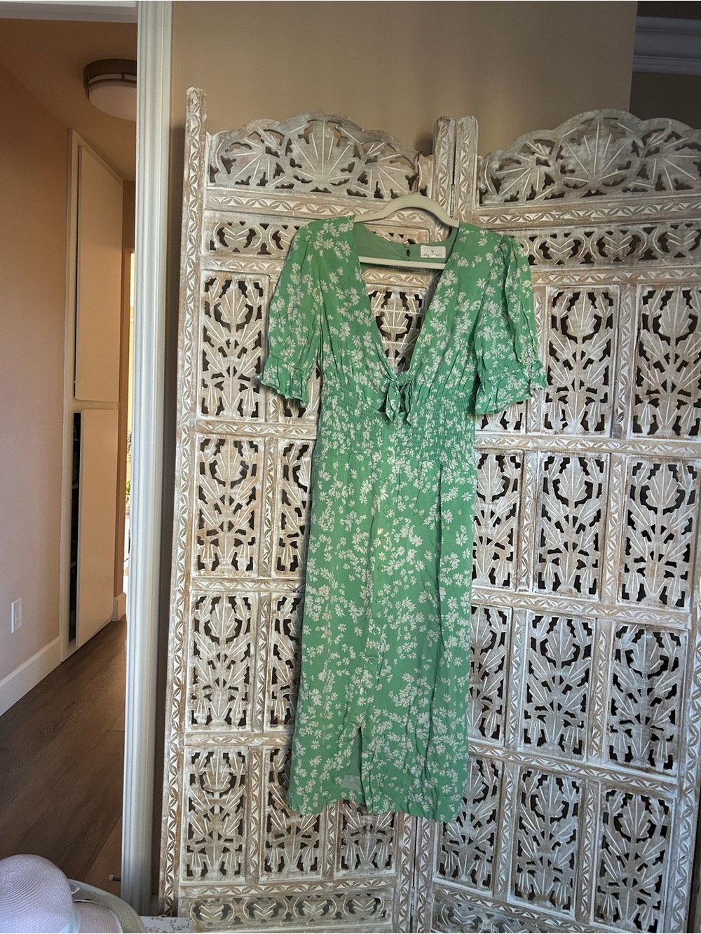 Lost + Wander Sage Green Floral Tie-Front Midi Dress